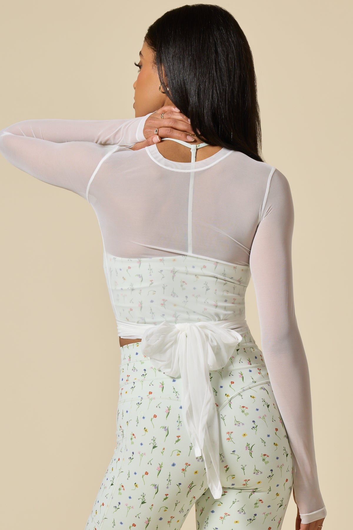 Bow Back Mesh Reversible Long Sleeve Top - Bright White