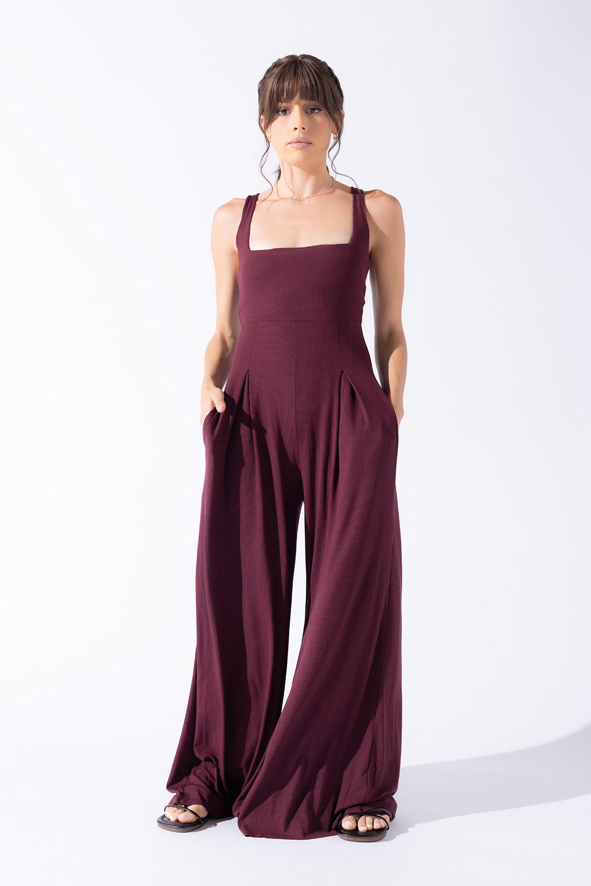 Go with the Flow Jumpsuit - Vineyard Wine