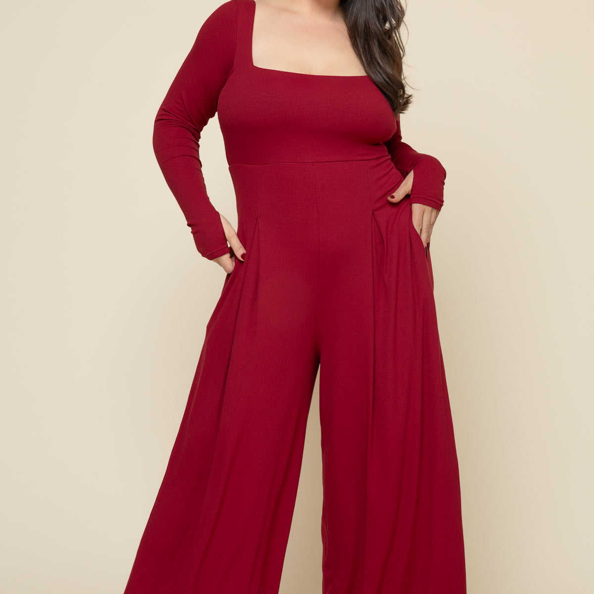 GoWithTheFlowLongSleeveJumpsuit-DeepCherry