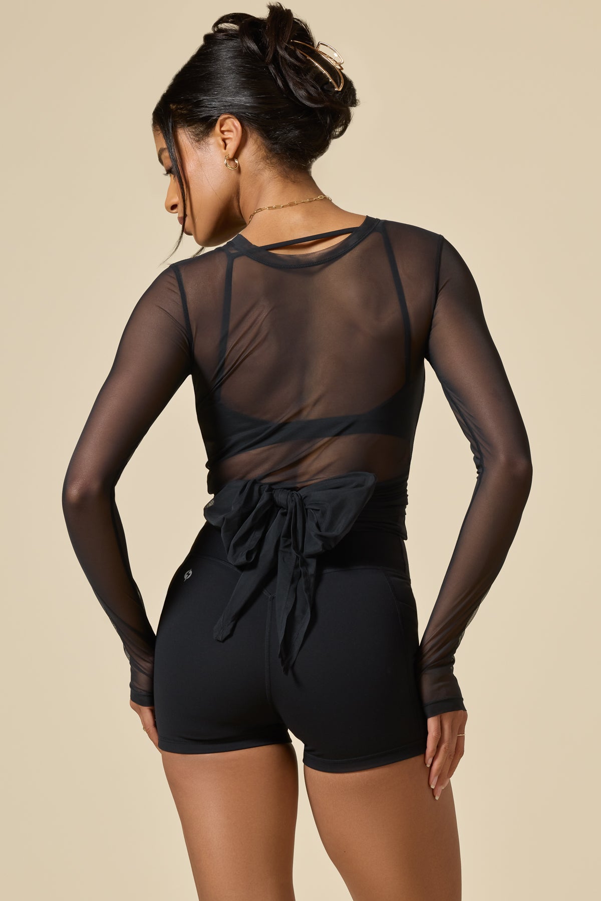 Bow Back Mesh Reversible Long Sleeve Top - Black