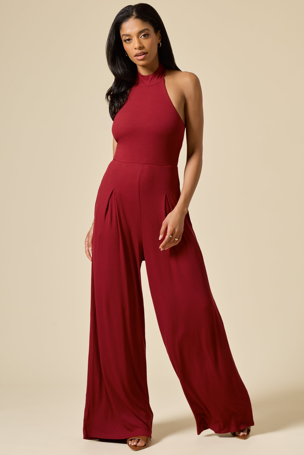 Mockneck Go With The Flow Jumpsuit - Deep Cherry
