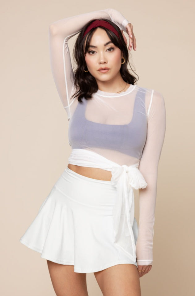 Bow Back Long Sleeve Mesh Top  - Bright White