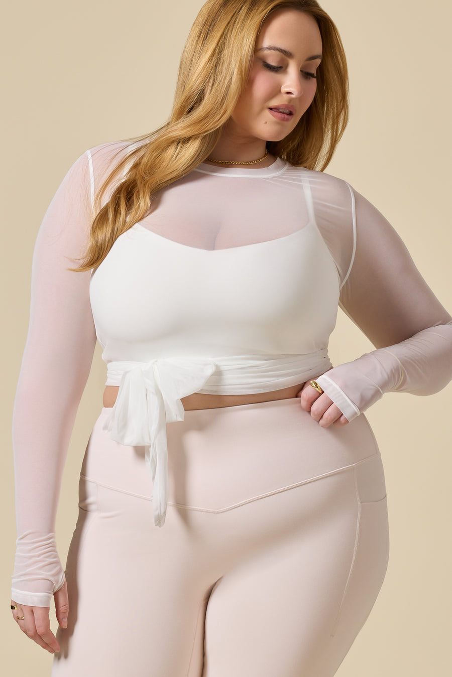 Bow Back Mesh Reversible Long Sleeve Top - Bright White