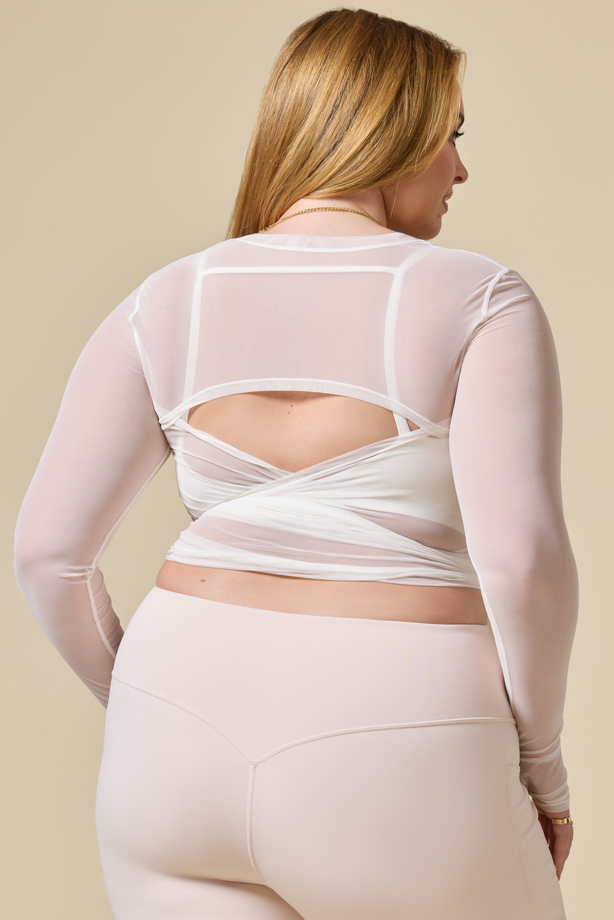 Bow Back Mesh Reversible Long Sleeve Top - Bright White
