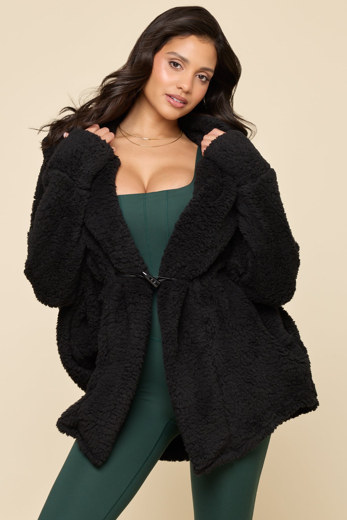 Faux Sherpa Cocoon Coat - Black