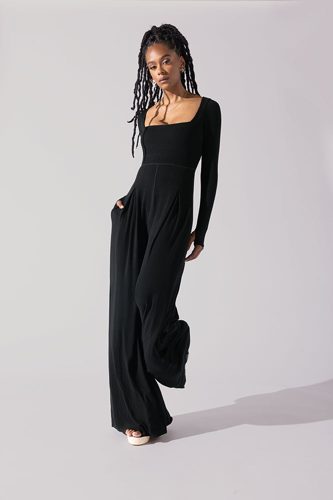 Go With The Flow Long Sleeve Jumpsuit - Black