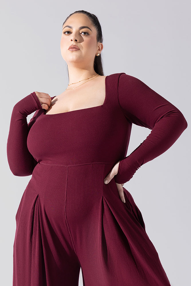 Go With The Flow Long Sleeve Jumpsuit - Garnet