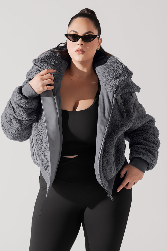 The Kinsley Bomber Jacket in Faux Sherpa - Grey