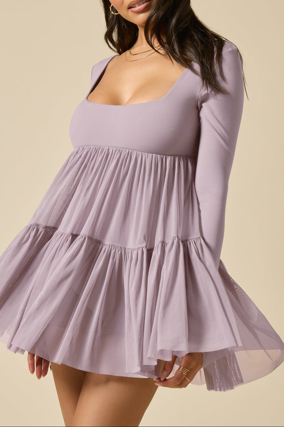 Pirouette Long Sleeve Babydoll Dress - Dusty Mauve