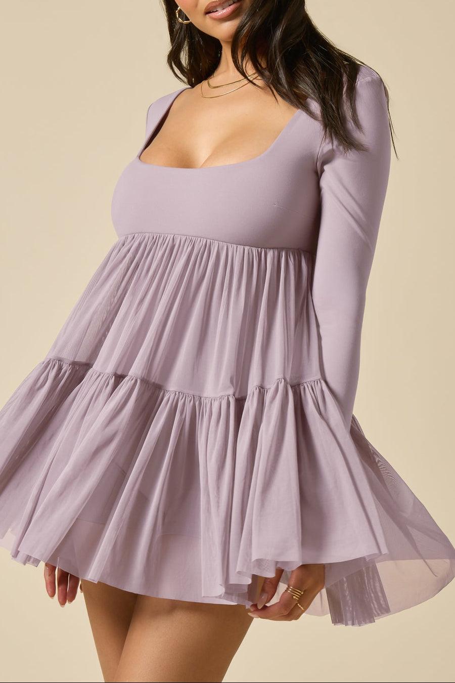 Pirouette Long Sleeve Babydoll Dress - Dusty Mauve