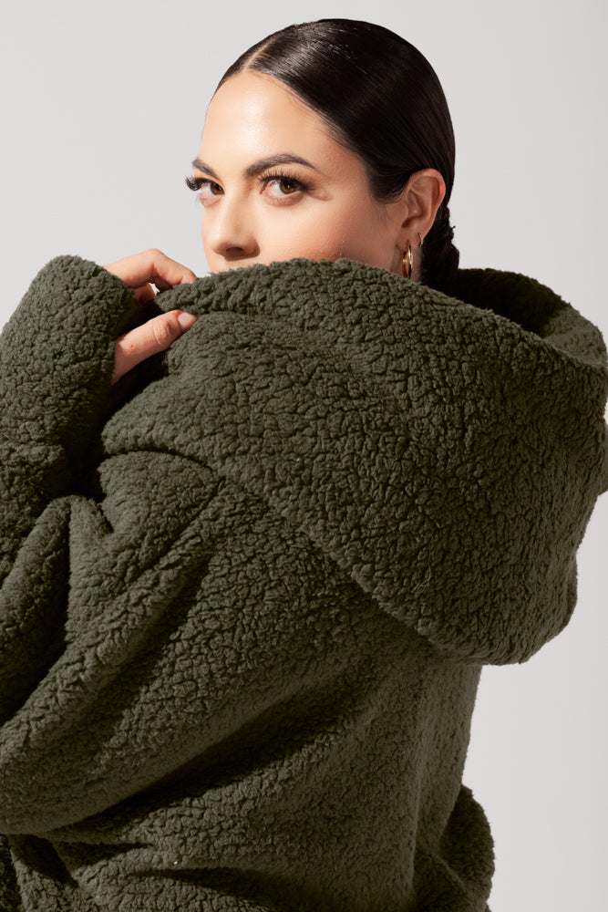 Faux Sherpa Cocoon Coat - Olive