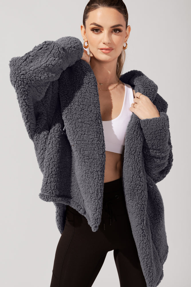 Faux Sherpa Cocoon Coat - Cool Grey