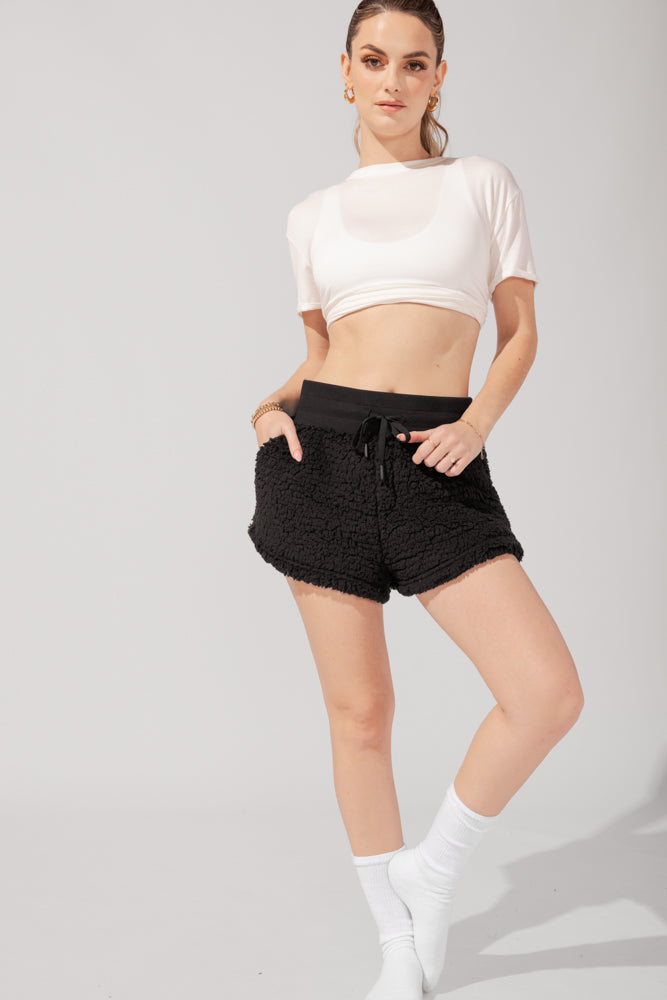 Faux Sherpa Short with Pockets - Black